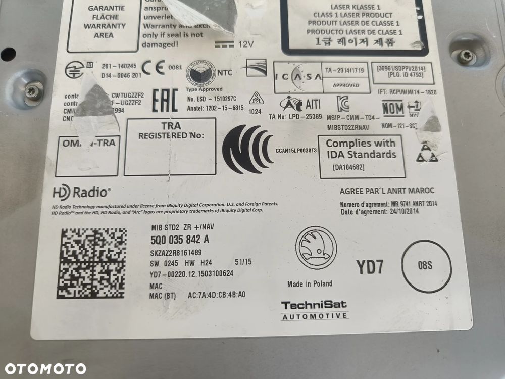 Radio Skoda Fabia 3 III Wyświetlacz Jednostka Czytnik 5Q0035842A 6V0919604 - 6