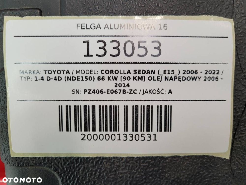 FELGA ALUMINIOWA 16 TOYOTA COROLLA E15 PZ406-E067B-ZC 6,5JX16 ET45 5X114,3 - 7
