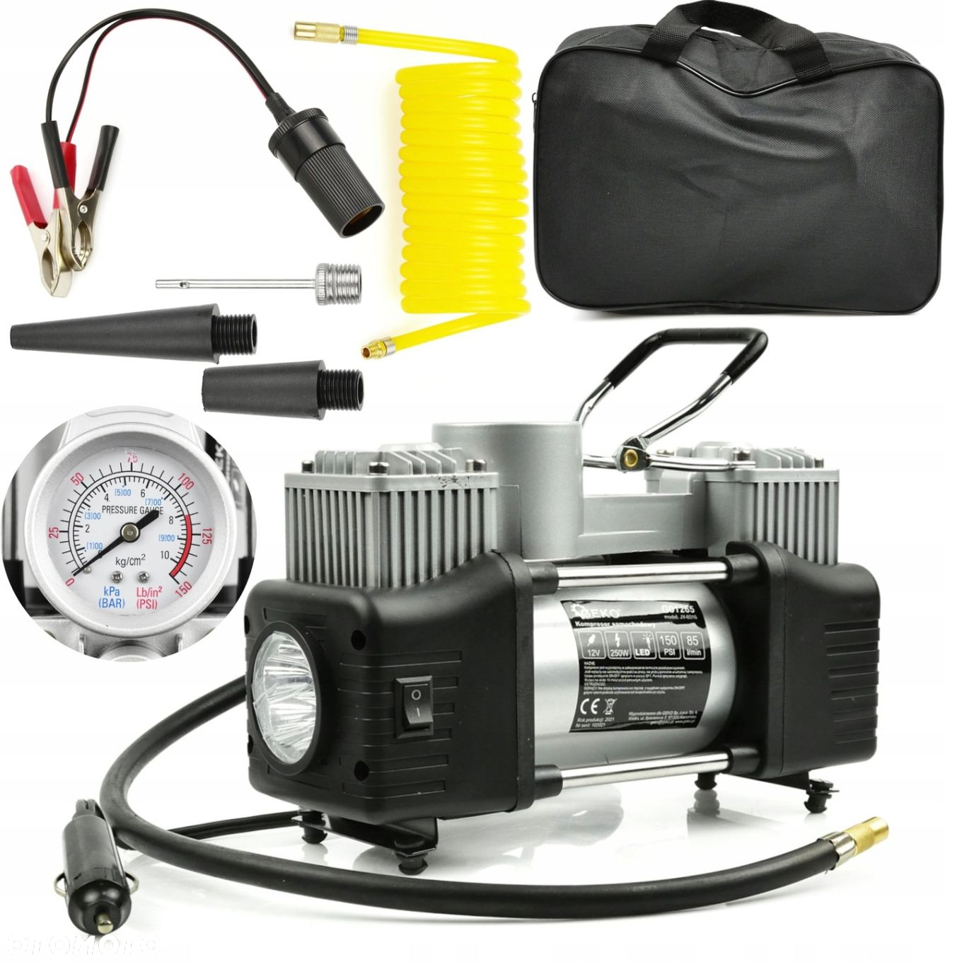 KOMPRESOR SAMOCHODOWY Z MANOMETRTEM 12V POMPKA SPRĘŻARKA 250W  NASADKI LED - 14