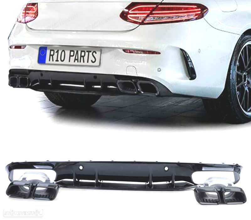 DIFUSOR MERCEDES CLASE C C205 COUPÉ 15-18 LOOK AMG C63 PRETO BRILHANTE + PONTAS DE ESCAPE PRETAS - 1
