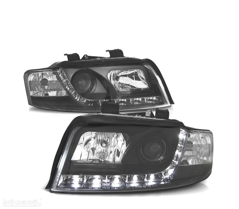 FARÓIS AUDI A4 B6 00-04 FUNDO PRETO LUZ DIURNA LED - 1