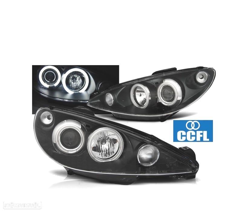 FARÓIS ANGEL EYES CCFL PEUGEOT 206 H4 98-02 FUNDO PRETO - 1