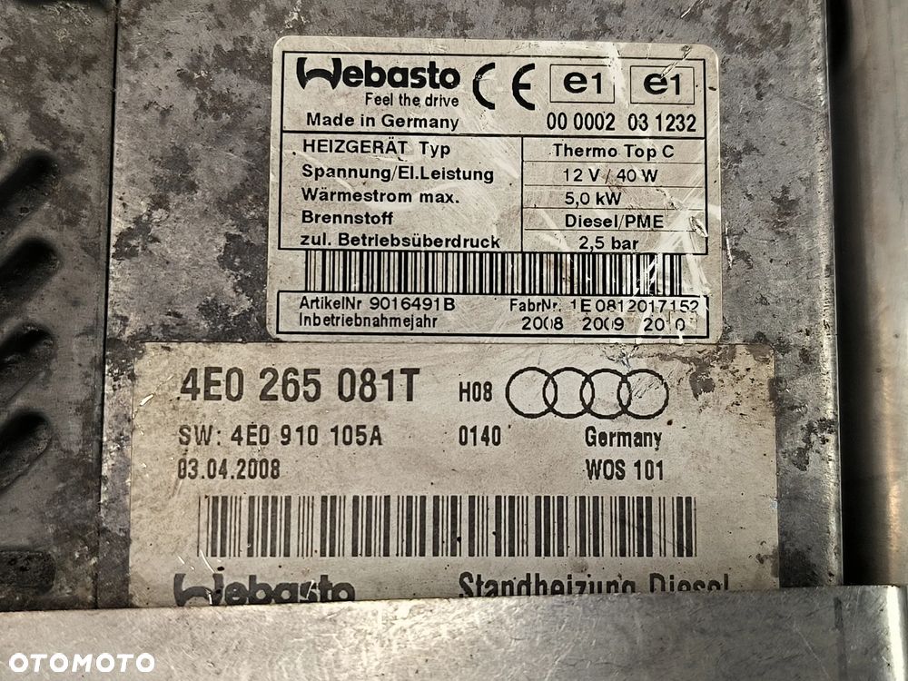 Ogrzewanie postojowe Webasto 4E0265081T  4E0910105A AUDI A8 - 2