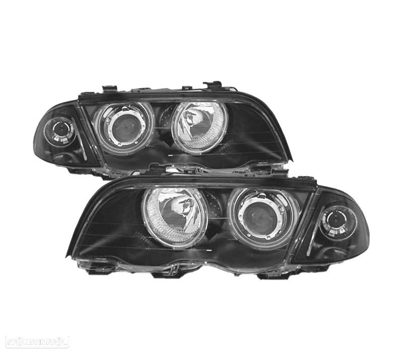 FARÓIS BMW E46 98-01 ANGEL EYES BLACK PRETO - 1