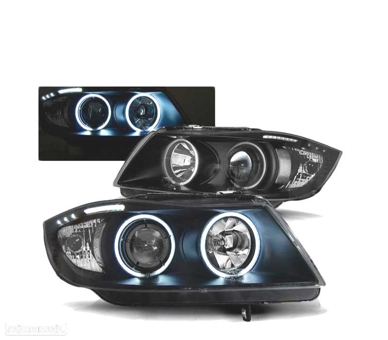 FARÓIS ANGEL EYES CCFL PARA BMW E90 E91 05-08 BLACK PRETO - 1