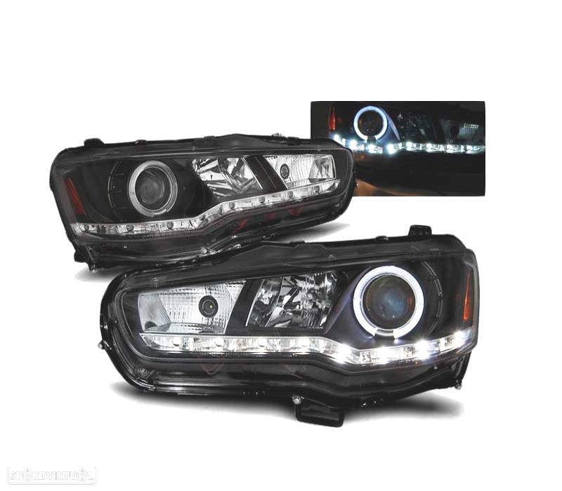 FARÓIS LED ANGEL EYES PARA MITSUBISHI LANCER VIII 08- LPMI16 BLACK PRETO - 1