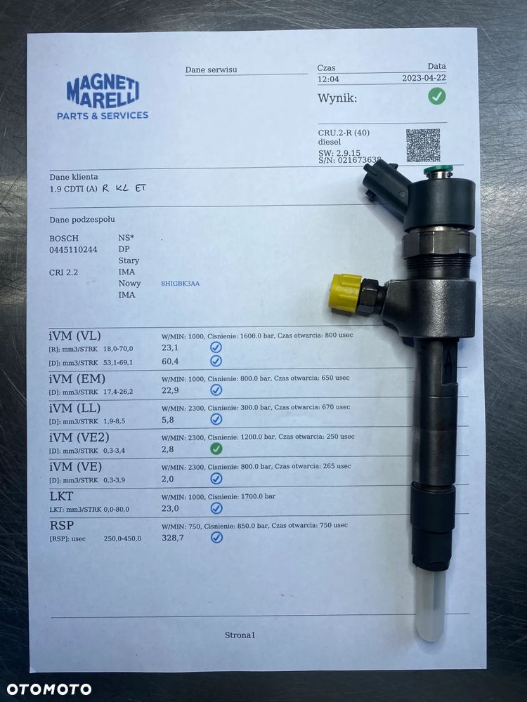 WTRYSKIWACZ TEST NOWY ROZPYLACZ 1.9 JTD 0445110244 WTRYSK SPRAWDZONE IMA ALFRA ROMEO 159 FIAT CROMA 0445110276 - 2