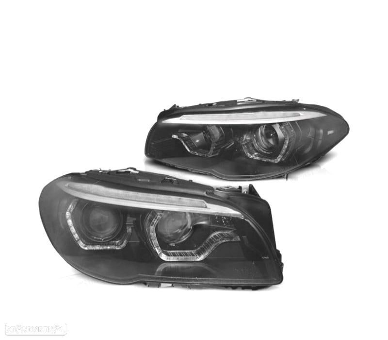 FARÓIS BMW F10 F11 13-16 XENON ANGELS EYES LED 3D DRL DINÂMICOS PRETO - 1