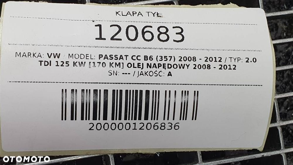 KLAPA TYŁ TYLNA BAGAŻNIKA KOMPLETNA VW PASSAT CC B6 LA7W - 18