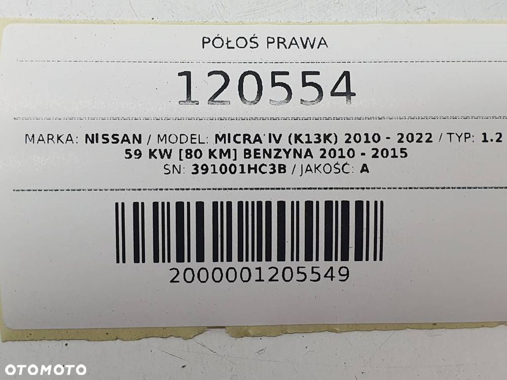 PÓŁOŚ PRZÓD PRZEDNIA PRAWA DŁUGA NISSAN MICRA K13 1.2B 391001HC3B - 7