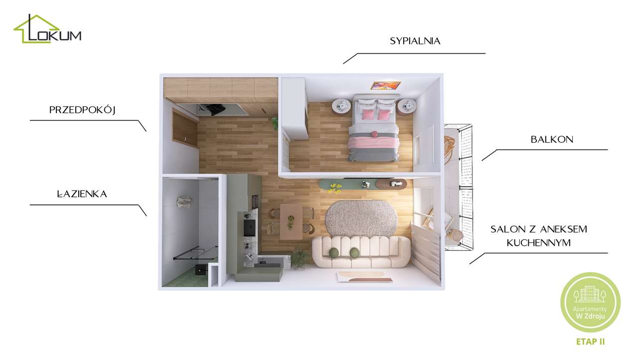 E43 | 42 m² | Prywatność ostatniego piętra | 2 pokoje | Busko-Zdrój