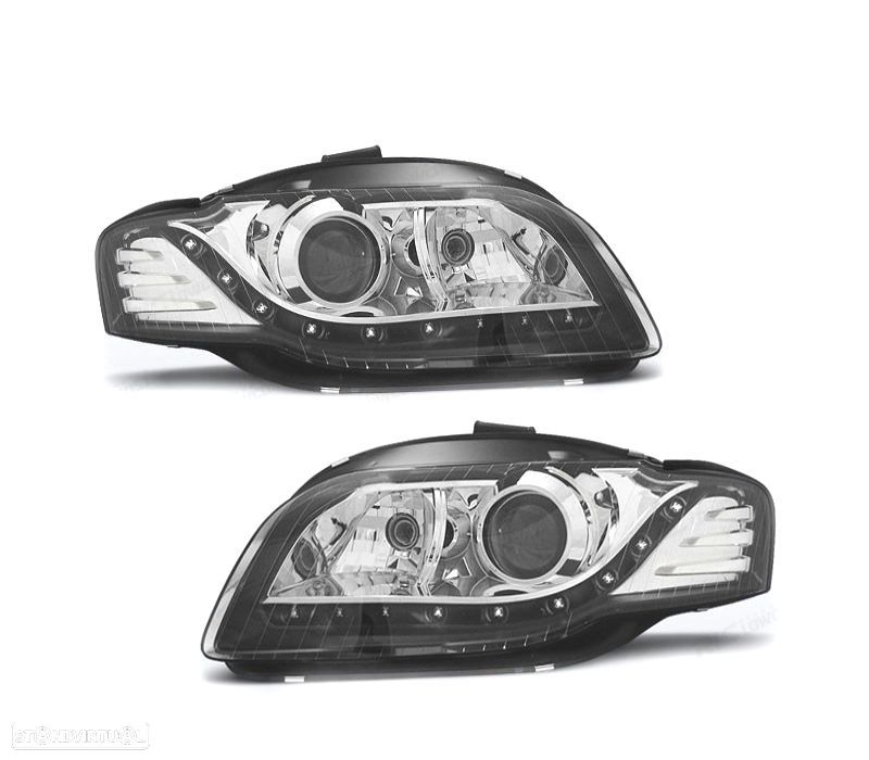 FARÓIS FRONTAIS AUDI A4 B7 04-07 LUZ DIURNA FUNDO PRETO CROMADO - 1
