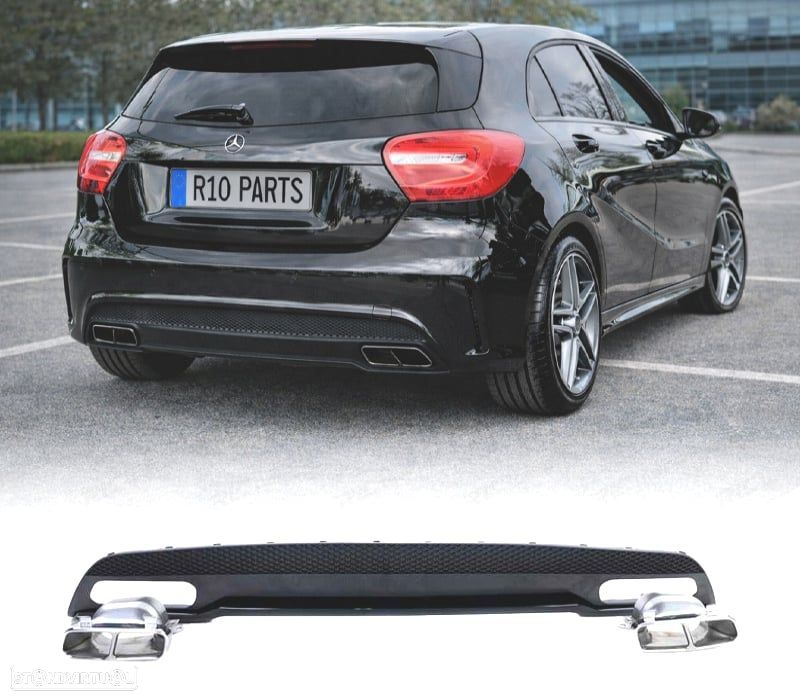 DIFUSOR MERCEDES CLASE A W176 12-15 AMG + PONTEIRAS DE ESCAPE CROMADAS LOOK A45 - 1