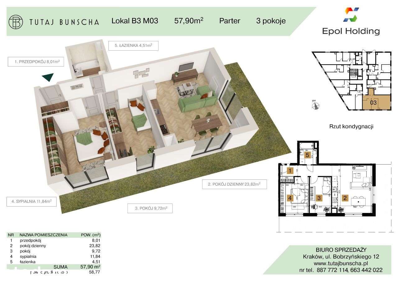3-pokojowe mieszkanie 57 m2 + 3 ogródek 58 m2, Bezpośrednio