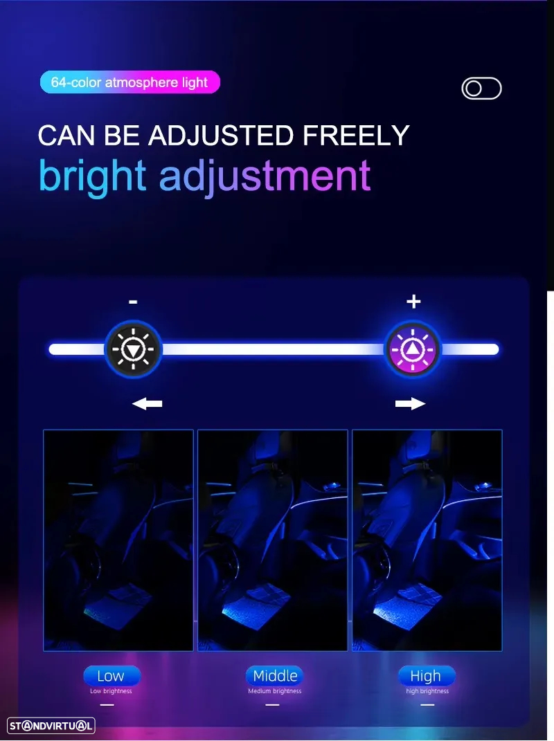 Kit de 18 peças em led luz ambiente com led alta qualidade COB-RGB multicolor para habitáculo, tablier, bancos 16 milhões de cores (azul, azul gelo, vermelho, verde, vermelho, branco, roxo, laranja, amarelo, etc.) - 14