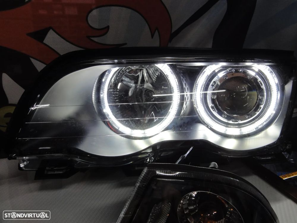 Faróis angel eyes com luz branca 5000k para BMW E46 4 portas / limosine 98-01 fundo preto com angel eyes em branco - 13