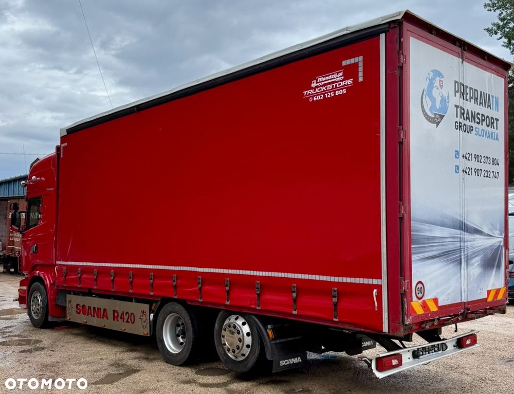 Scania R420 TOPLINE 6x2 JUMBO OŚ PODNOSZONA i SKRĘTNA ALUFELGI ZABUDOWA ALUMINIOWA FIRANKA DŁ:7.80m NOWA PLANDEKA!!!! MANUAL RETARDER KLIMA 2xALUTANK SKÓRA XENONY LEDY ORUROWANIE Z HALOGENAMI EURO 5 2008r WAGA:9600kg ŁADOWNOŚĆ:16400KG ŁADNA IGŁA - 9