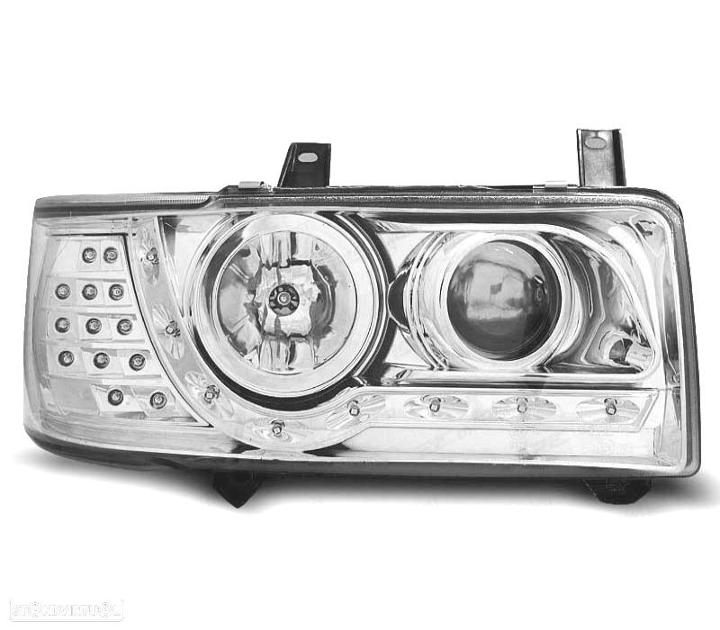 FARÓIS COM LUZ DIURNA + PISCAS LED VOLKSWAGEN VW T4 90-03 FUNDO CROMADO - 2
