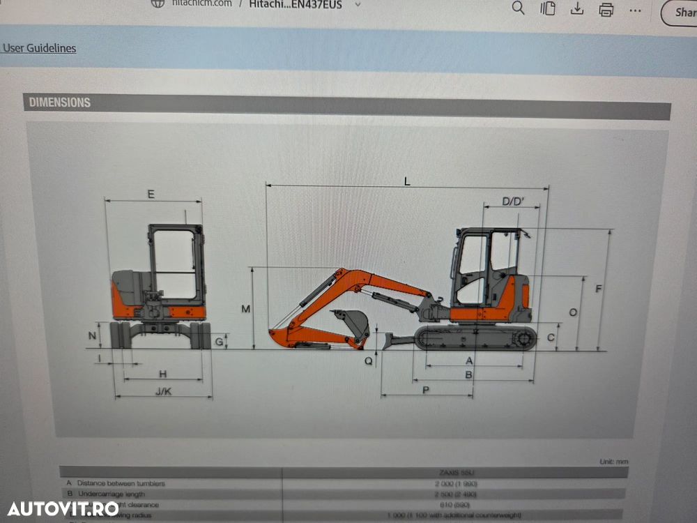 Hitachi ZX55, 2023, 879h, 5,5 tone, CUPLA RAPIDA+3 CUPE NOI, senile cauciuc 90% bune, Inst picon pe brate, A dous inst hidr pe brate, Aer conditionat, Ad sapare 5m, STARE CA NOU, posibilitate leasing-PROMOTIE 46.900 EUR+tva - 30