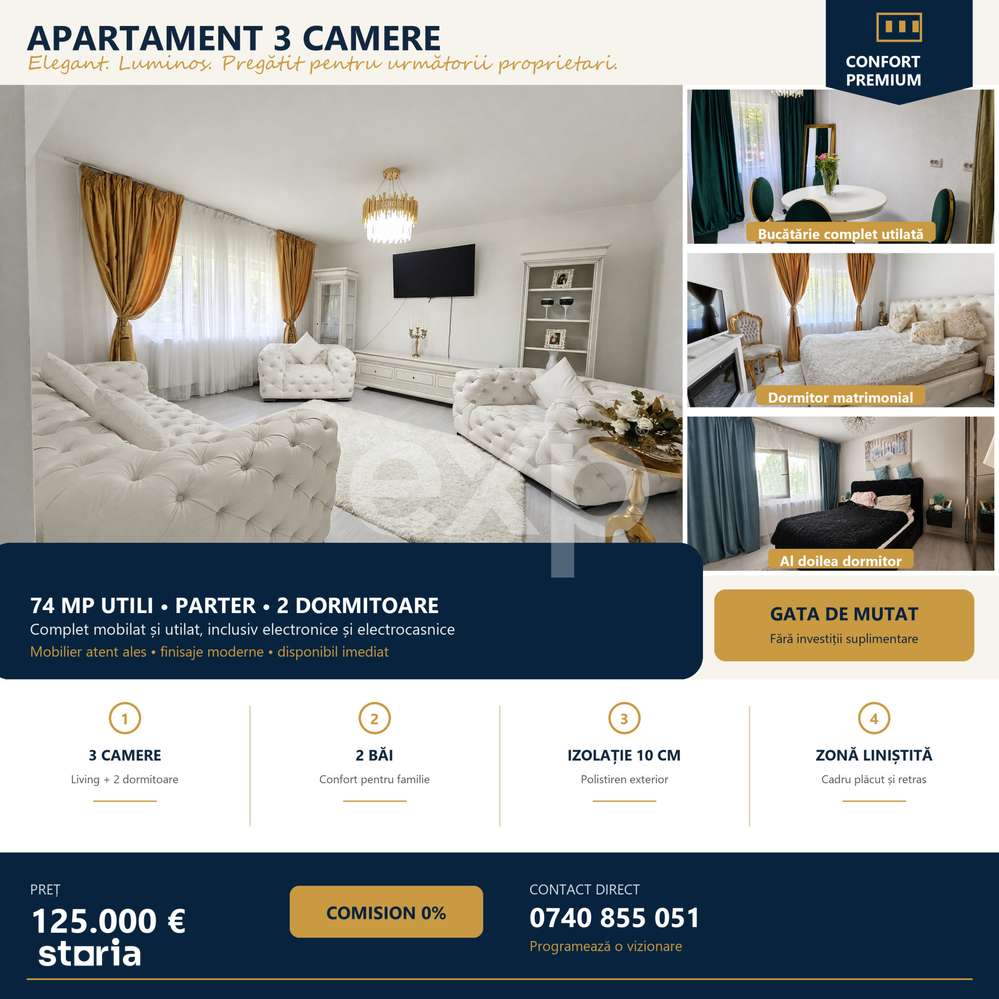 Apartament deosebit, 3 camere, 74 mp, complet mobilat si utilat – Ca — fotografia 1