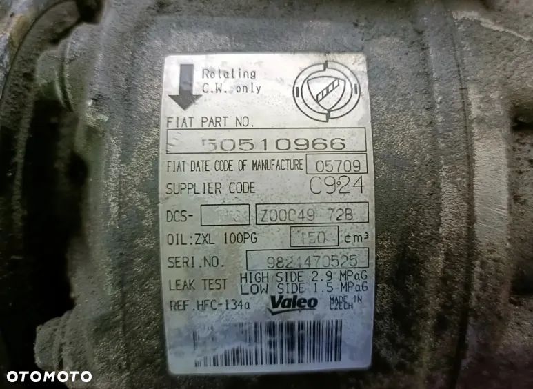 ALFA ROMEO 159 05-11 r. 1,9 JTD SPRĘŻARKA KOMPRESOR KLIMATYZACJI VALEO 50510966 + - 2