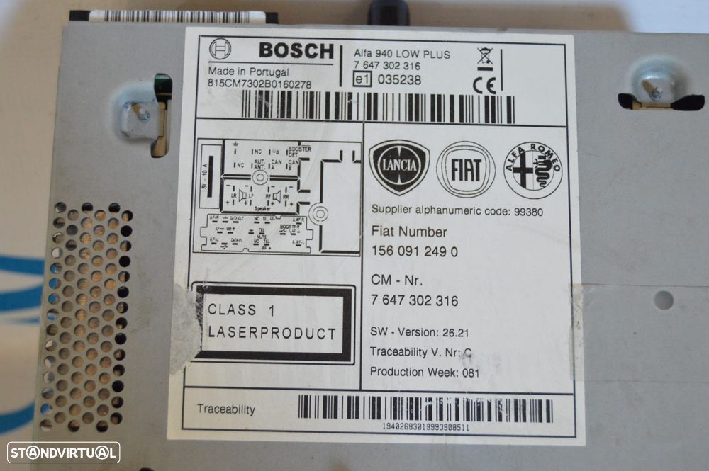 DISPLAY COMANDOS PAINEL CONTROLO RADIO AUTORADIO LEITOR CD BOSCH 7647302316 ALFA ROMEO GIULIETTA 940 1.6 JTDM 105CV 940A3000 - 7