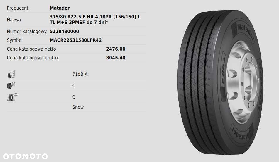 315/80 R22.5 MATADOR F HR 4 18PR [156/150] L TL M+S 3PMSF NOWA!!! - 2