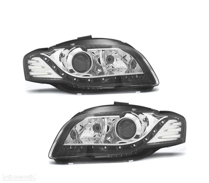 FARÓIS FRONTAIS AUDI A4 B7 04-07 LUZ DIURNA FUNDO PRETO CROMADO - 1