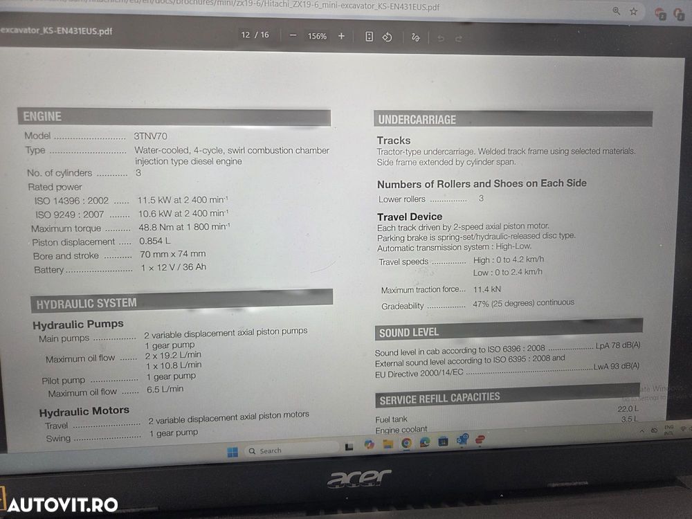 Hitachi 2 tone, Adancime sapare 2,5m, ZX19-6, CUPLA RAPIDA+3 CUPE  NOI, inst picon pe brate, lama nivelare, senile 90% ok EXTENSIBILE, camera spate, latime 1m, posibilitatea leasing 4 ani-PROMOTIE 21.900 EUR+Tva - 6