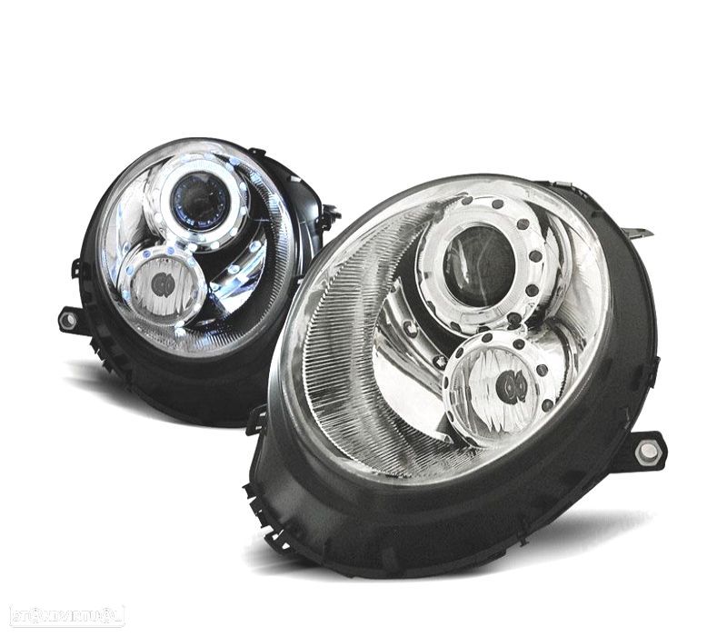 FARÓIS FRONTAIS PARA MINI COOPER R56 R57 06-10 OLHOS DE ANGEL FUNDO CROMADO - 1