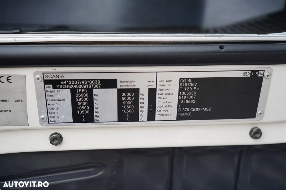 Scania G 370 / 6x4 / BASCULĂ SPATE + HIAB 144E S-3 HDS / RADIOCOMANDĂ / ROTATOARE / FURCĂ PENTRU PALEȚI / EURO 6 / - 36