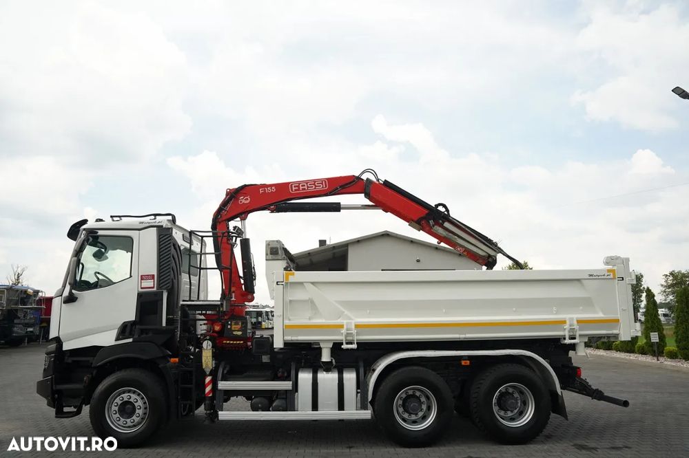 Renault C 430 / 6x4 / BASCULĂ CU 2 LATE / CUPLĂ HIDRAULICĂ + FASSI F155.A0.22 HDS / RADIOCOMANDĂ / ROTATOARE / CUPĂ / EURO 6 / - 13