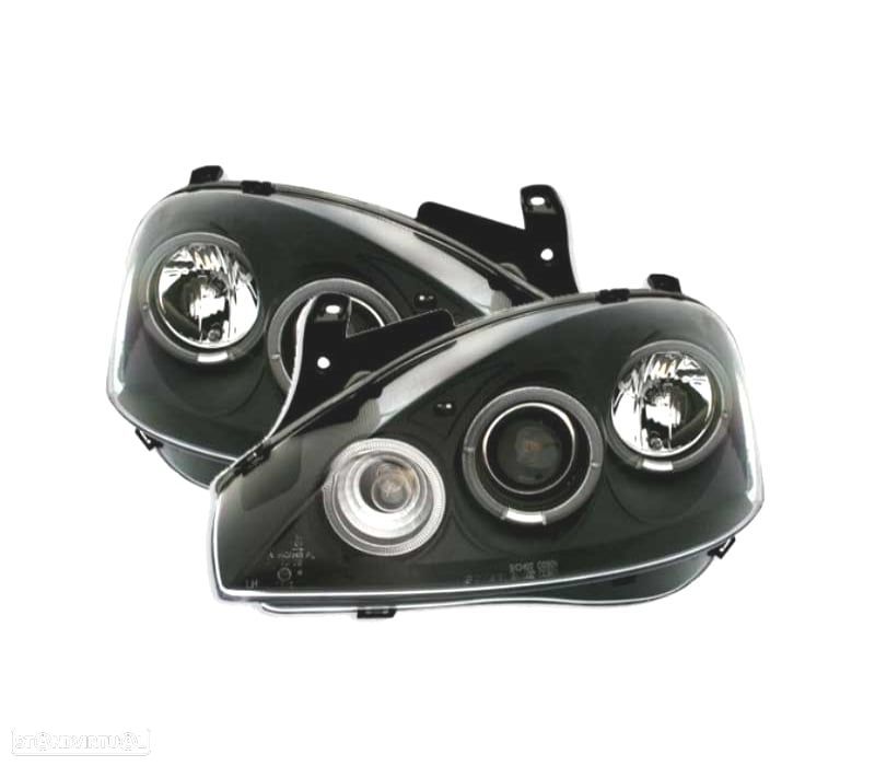 FARÓIS FRONTAIS ANGEL EYES PARA OPEL CORSA C 00-06 FUNDO PRETO H1-H1 - 1
