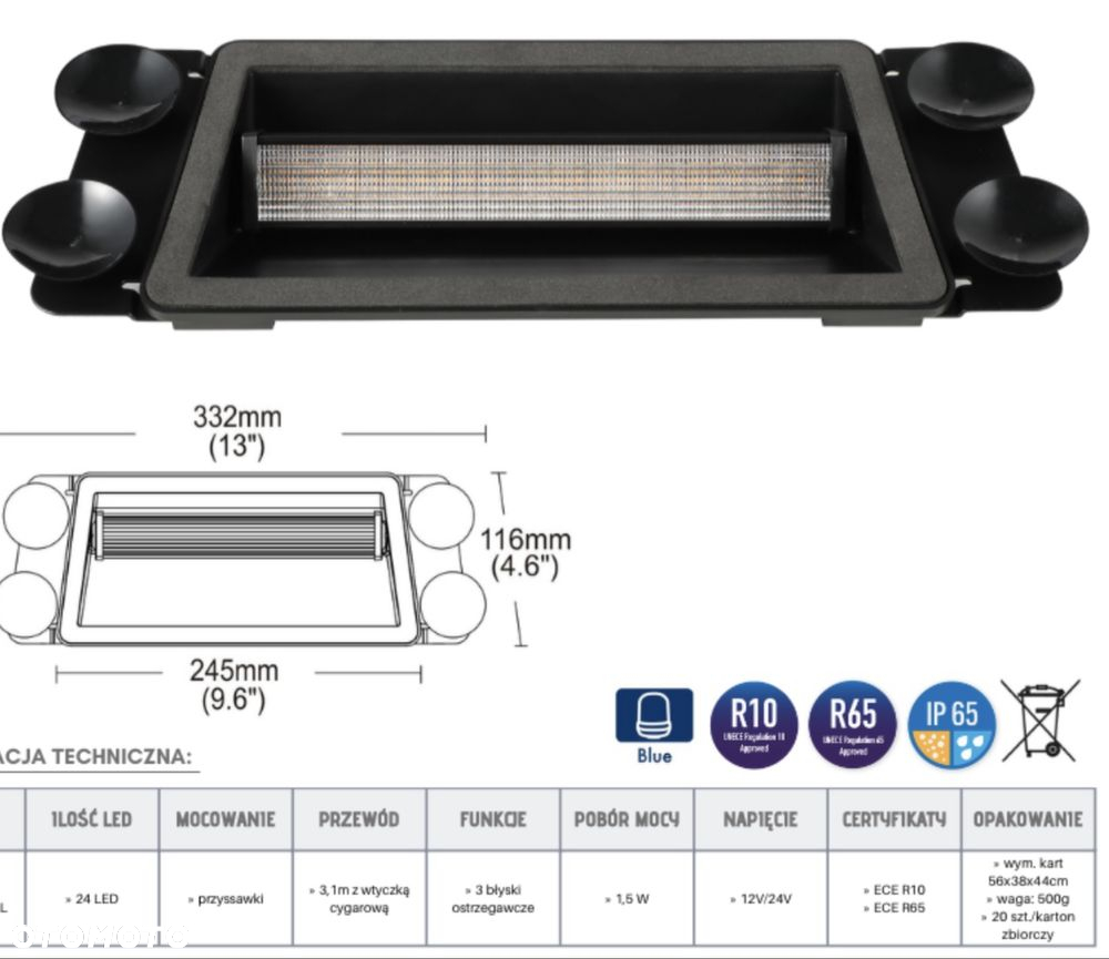 Lampa Niebieska Kogut Led Strobo Blue POLICJA na szybę Homologacja FV - 7