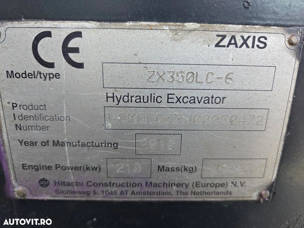 Hitachi ZX350, 2018, 8.061h, cupa noua, Masa operationala 35,6t, Inst hidr pe picon pe brate, inst hidr rotire, gresare automata, senile 90% ok, 3 pompe hidr HITACHI, produs in JAPONIA, Isuzu 282CP, Ad sapare 7,5m, ridica 22t, STARE F BUNA-PROMOTIE 89.900EUR - 33