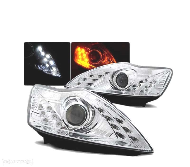FARÓIS LED DAYLIGHT PARA FORD FOCUS 08-10 CHROME CROMADO - 1