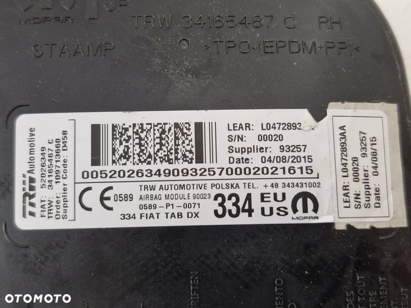 FIAT 500X PODUSZKA POWIETRZNA FOTELA PRAWY PRZÓD PRZEDNIA 52026349 - 2