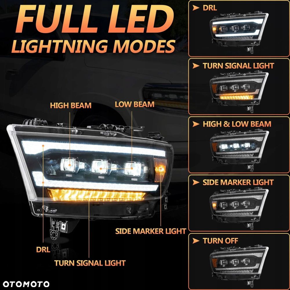 reflektor lampa kpl vland full bi led neon tuning dodge ram v 5 1500 19-24 - 5