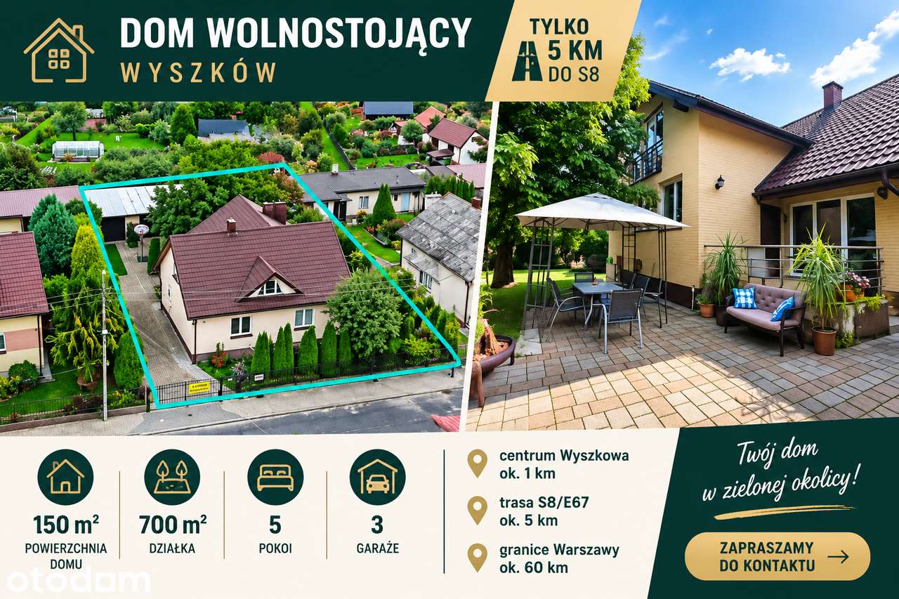 DOM WOLNOSTOJĄCY | WYSZKÓW | 150 m² | 5 POKOI /3 GARAŻE/DZIAŁKA 700 m²