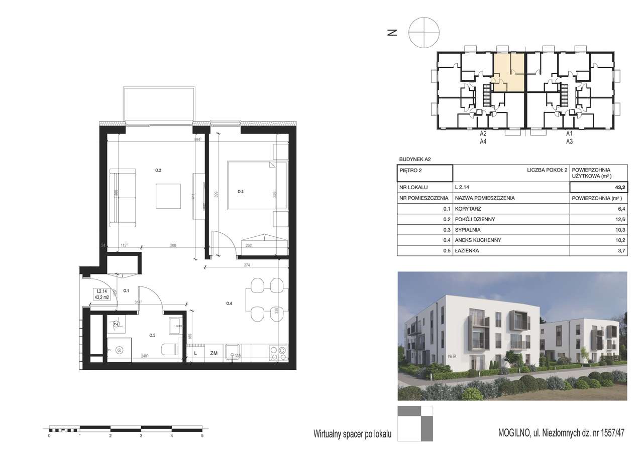 Nowe 2 Pokojowe mieszkanie MOGILNO/ 43,2 m2 + Balkon 2,5 m2