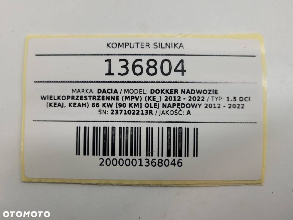 KOMPUTER SILNIKA STEROWNIK DACIA DOKKER 1.5 DCI 90KM 237102213R EUROPA - 6