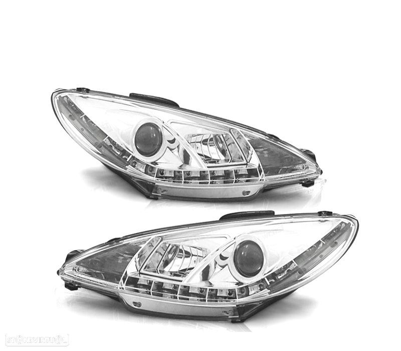 FARÓIS PEUGEOT 206 98-08 LUZ DIURNA LED REAL FUNDO CROMADO - 1