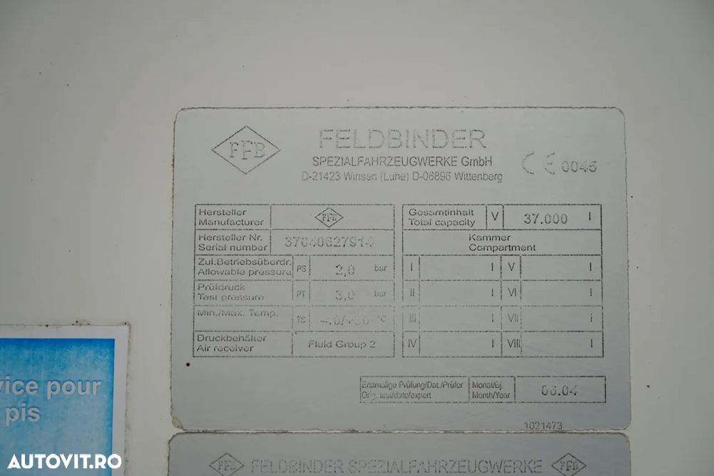 Feldbinder REMORCA CIMENT / 2 COMPARTIMENTE / 37.000 L / SILOC / PENTRU MATERIALE VRAC / JANTE DIN ALIAJ - 22