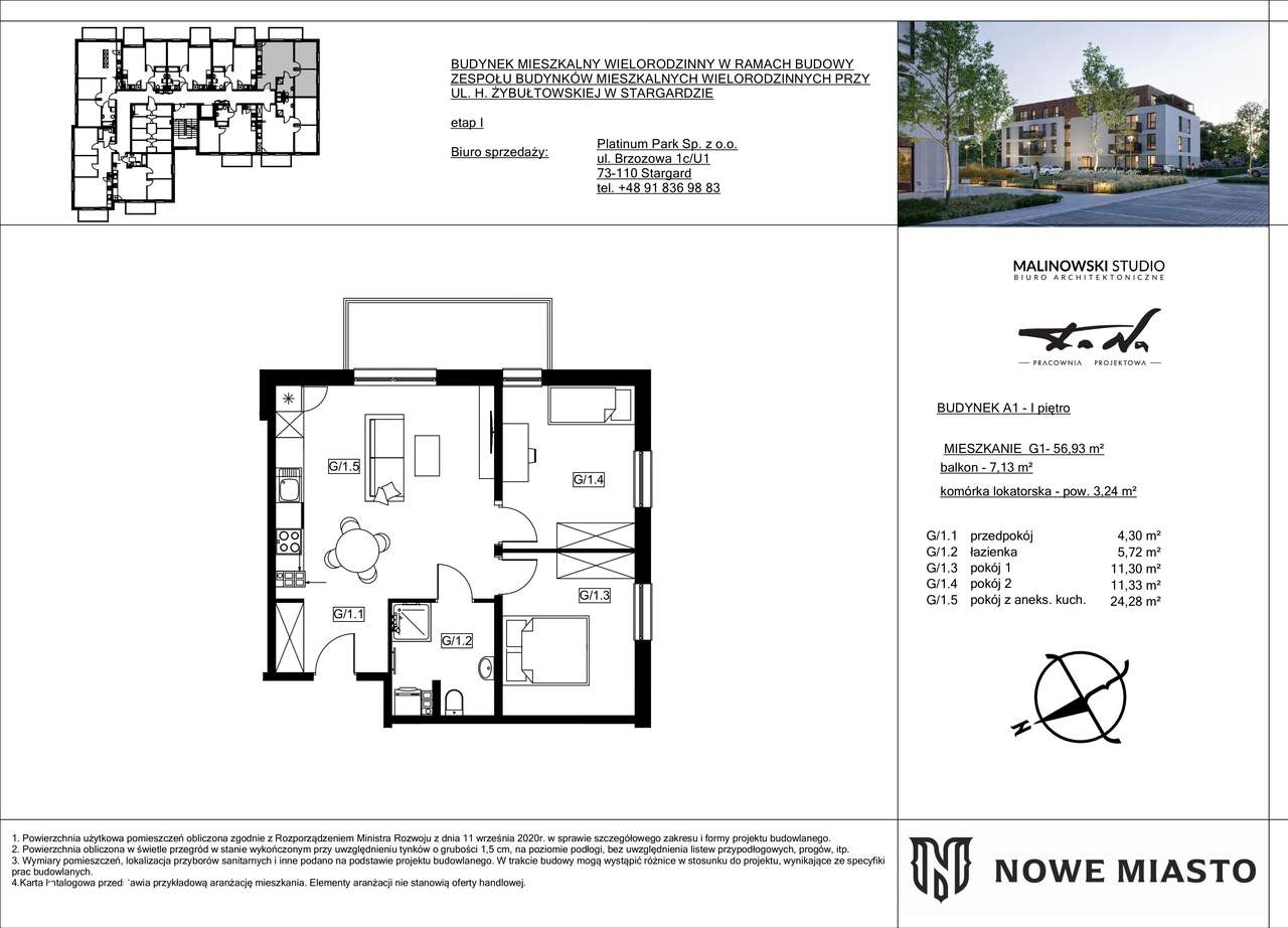 Mieszkanie G.1 w budynku A1 - 56,93 m² z balkonem 7 m²