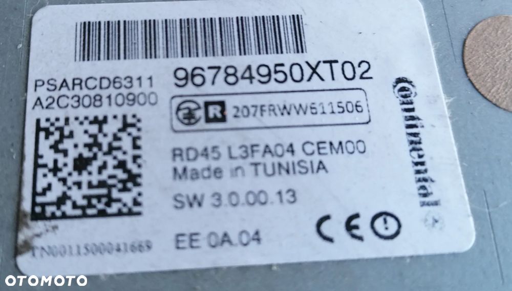 PEUGEOT 207 11r RADIO CD RADIOODTWARZACZ 96784950XT02 - 2