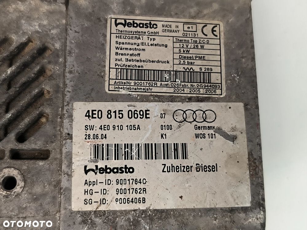 Ogrzewanie postojowe Webasto 4E0815069E  9001764C AUDI A8 - 5