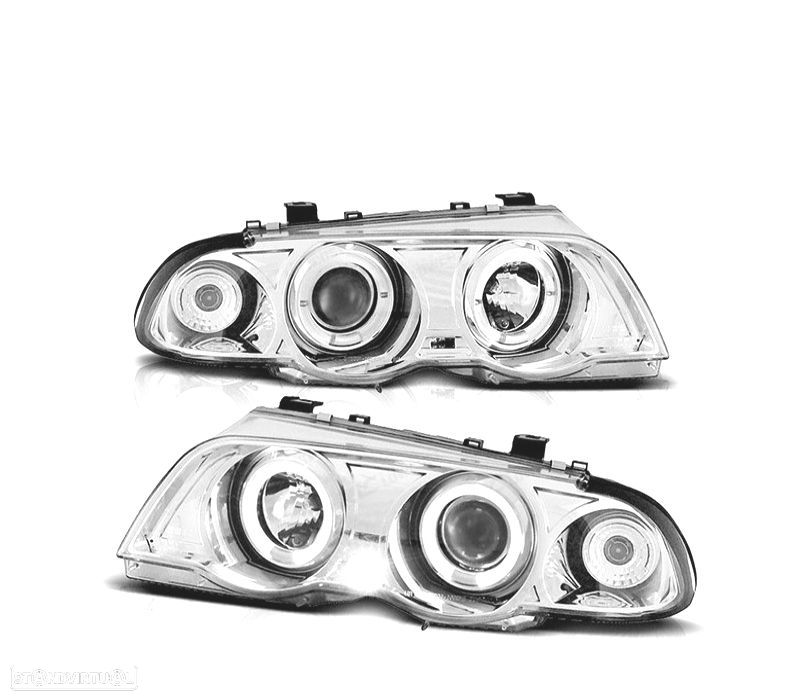 FARÓIS BMW E46 98-01 ANGEL EYES FUNDO CROMADO - 1