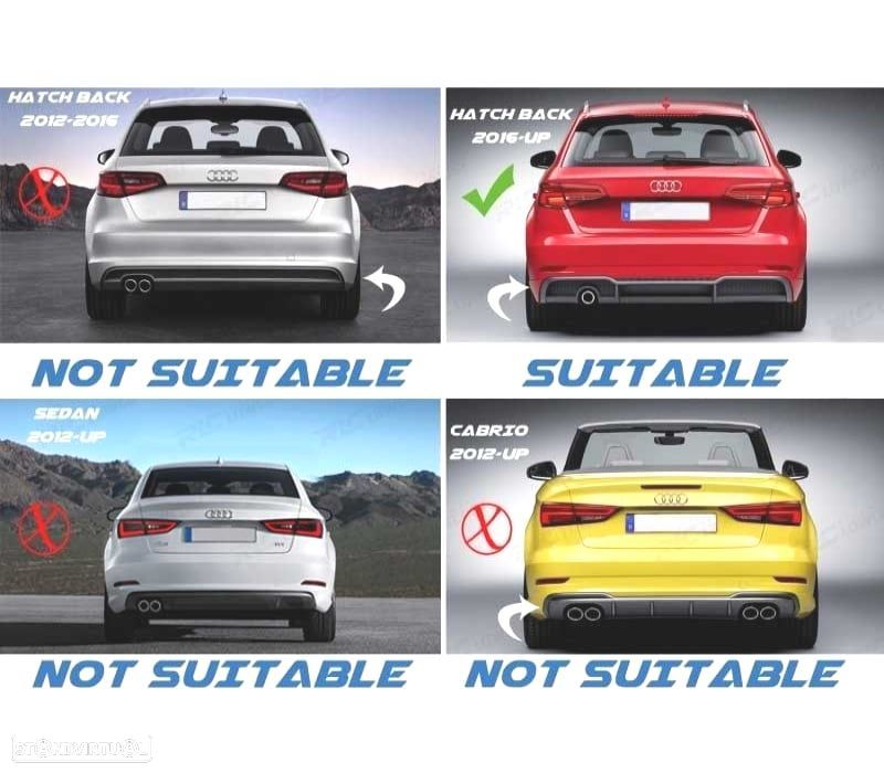 DIFUSOR TRASEIRO AUDI A3 RS3 8V 16-20 + PONTEIRAS ESCAPE - 5