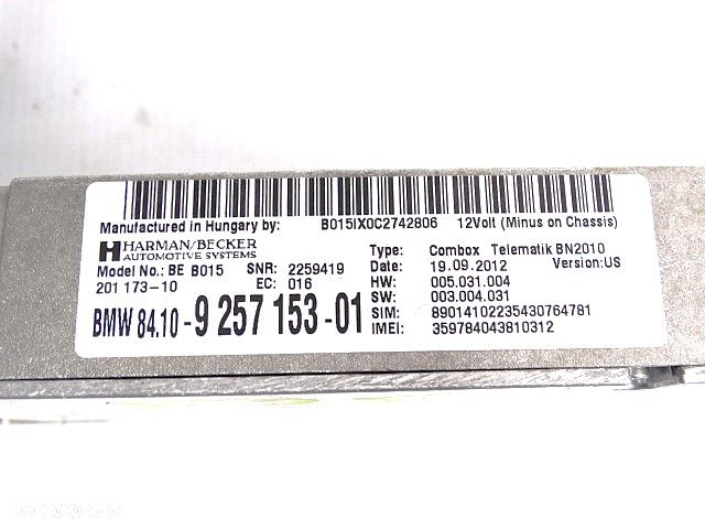 BMW Bluetooth Telematic USA F01 F06 F07 F10 F12 F13 F25 F30 USA Moduł Sterownik COMBOX TELEMATIK BN2010 BE B015  HARMAN 84109257153 9257153 84102447928 2447928  84109251739 84109244191 84109234954 84109228423 - 3
