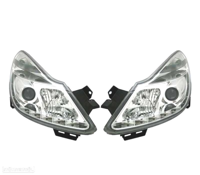 FARÓIS FRONTAIS PARA OPEL CORSA D LUZ DIURNA LED 06-10. FUNDO CROMADO - 1